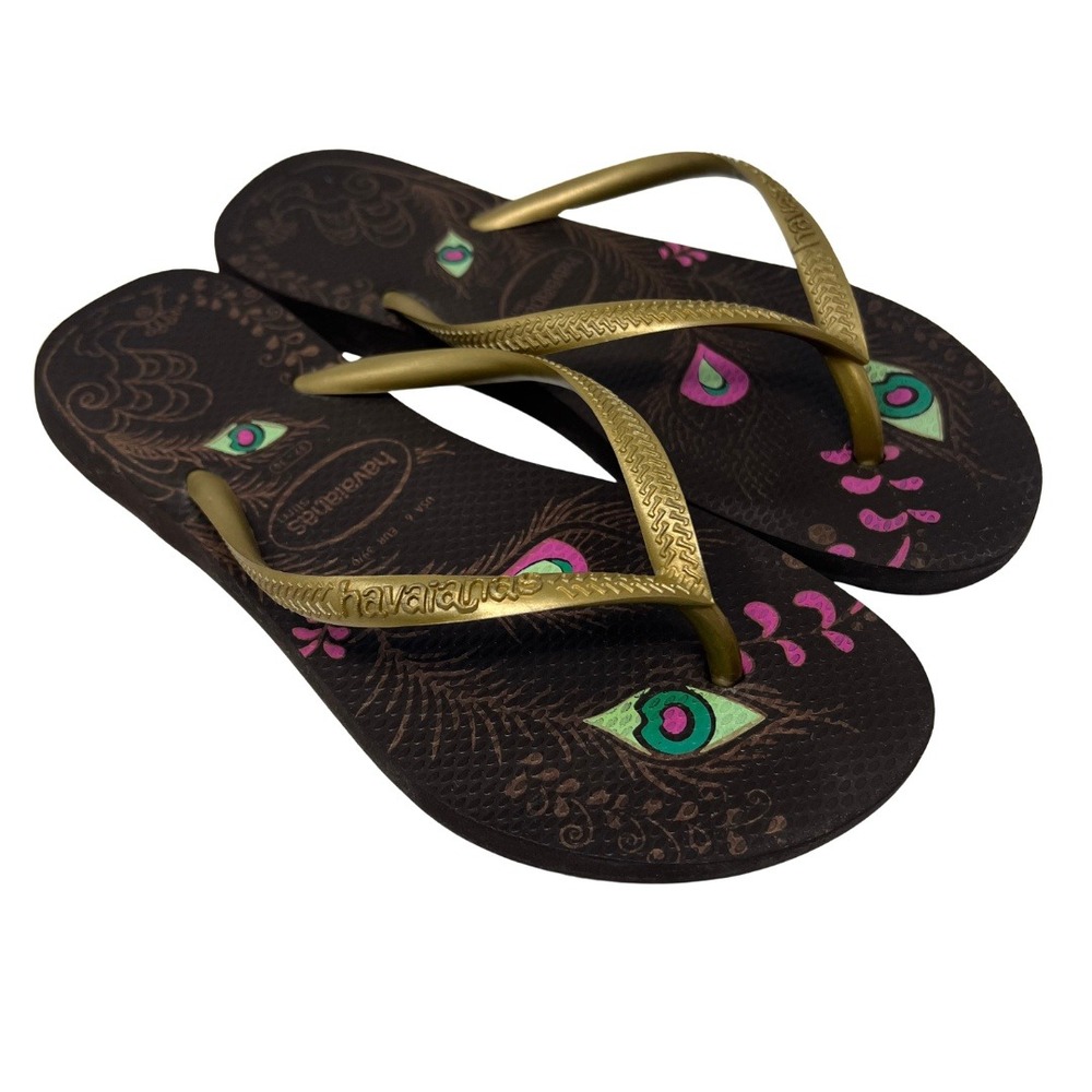 Havaianas Slim Flip Flops Women's US 6 Brown Gold Peacock Print Sandals